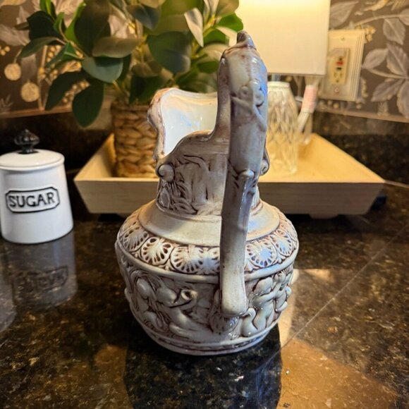 Vintage Ceramic Pitcher With Embossed Cherub & Nature Design Signed By P. Lewis - Picture 2 of 6